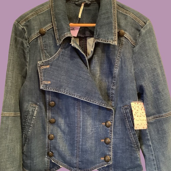 Free People Military Style Dark Wash Denim Jacket Sz L New - Picture 2 of 6